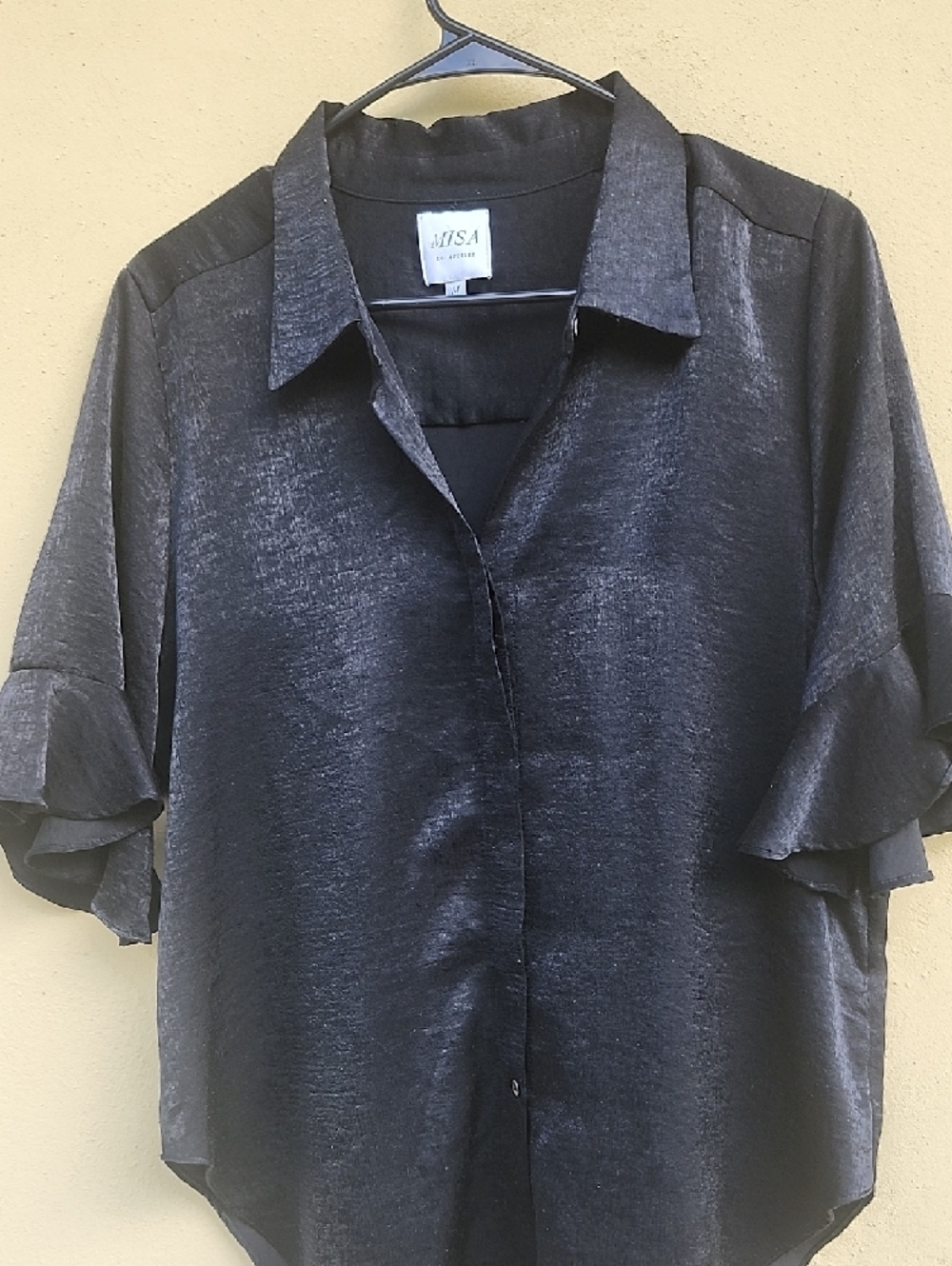 Misa Los Angeles Black Satin Shirt With Flight Sleeves and Asymmetry - Picture 5 of 11